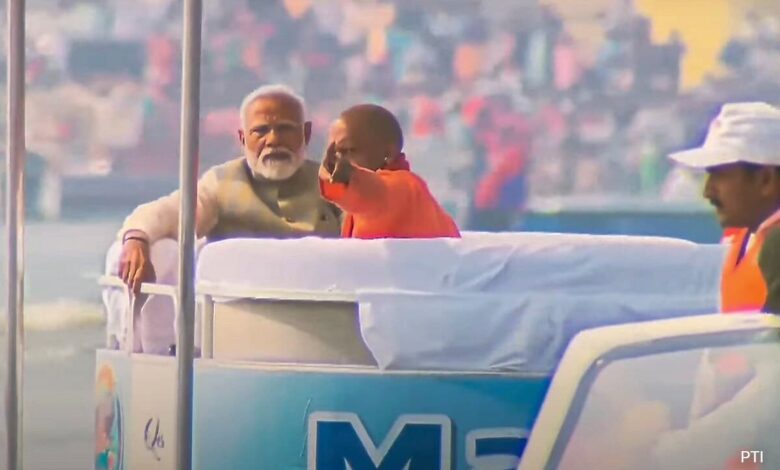 PM Modi's Boat Ride With Yogi Adityanath At Maha Kumbh