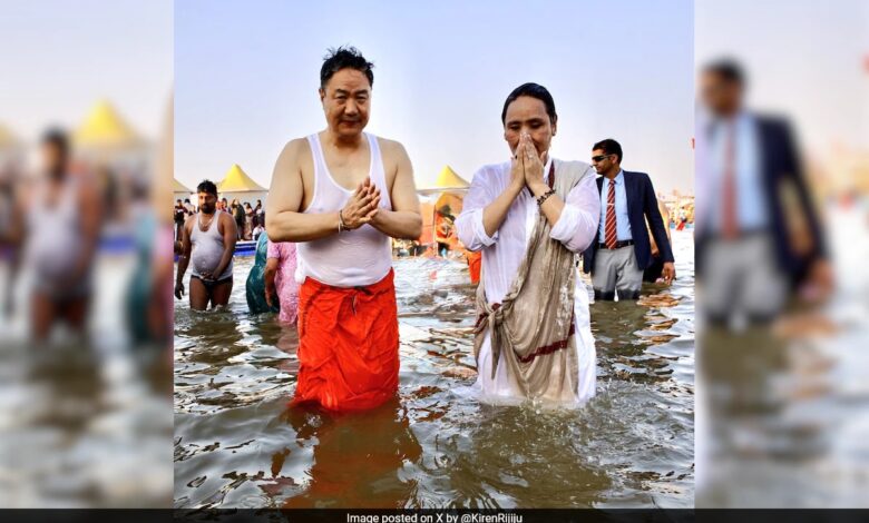 Union Minister Kiren Rijiju Visits Maha Kumbh, Takes Dip In Triveni Sangam